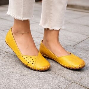 Spring Step Leather Mustard Yellow Perforated Flats | Comfort Slip-On Shoes